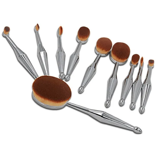 10 Piece Metallic Silver Oval Brush Set