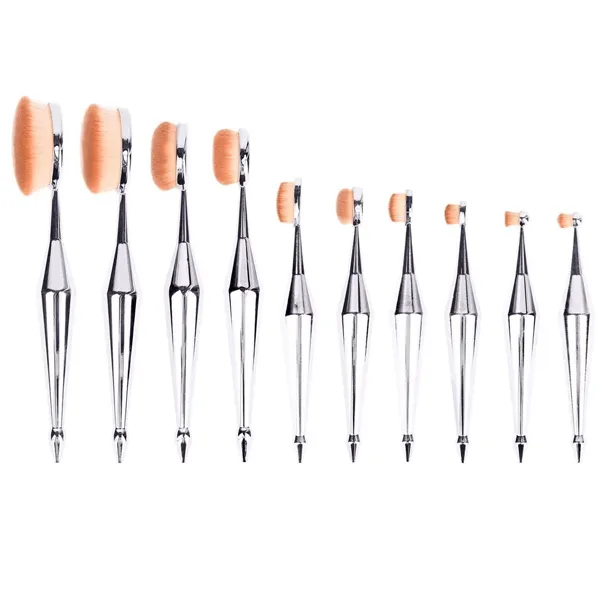 10 Piece Metallic Silver Oval Brush Set
