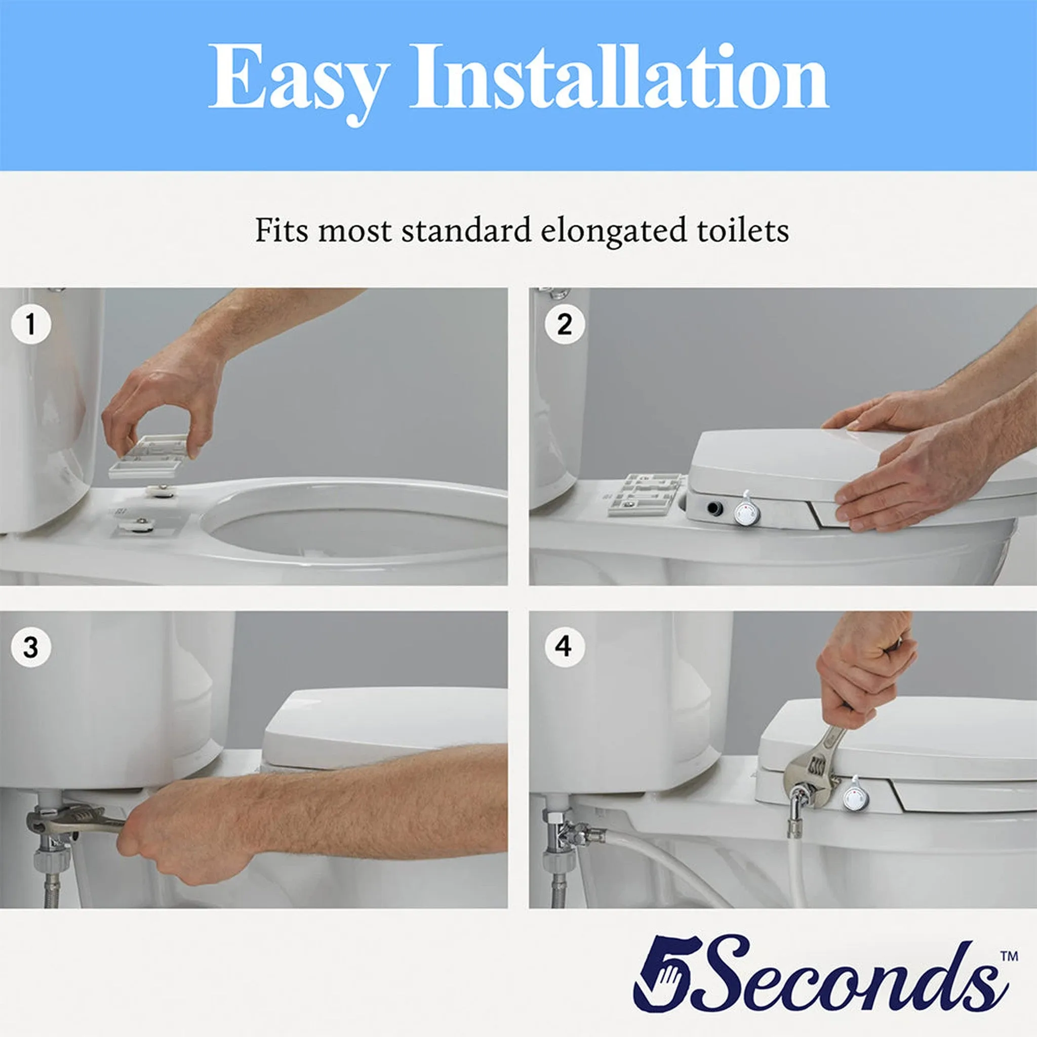 5Seconds B Series 15" White Elongated Non-Electric Soft Close Bidet Toilet Seat With Super Grip Bumpers