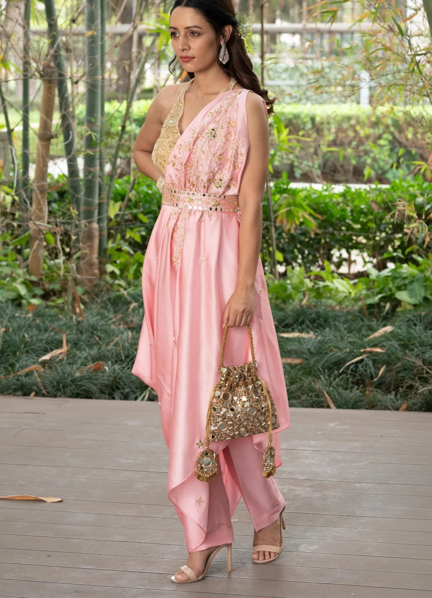 Blush Pink Pre Drape Saree Set
