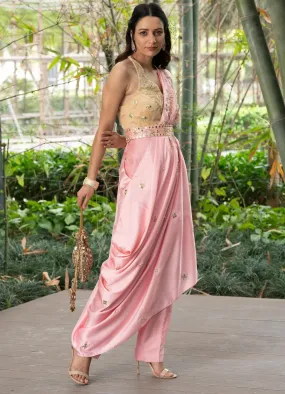 Blush Pink Pre Drape Saree Set