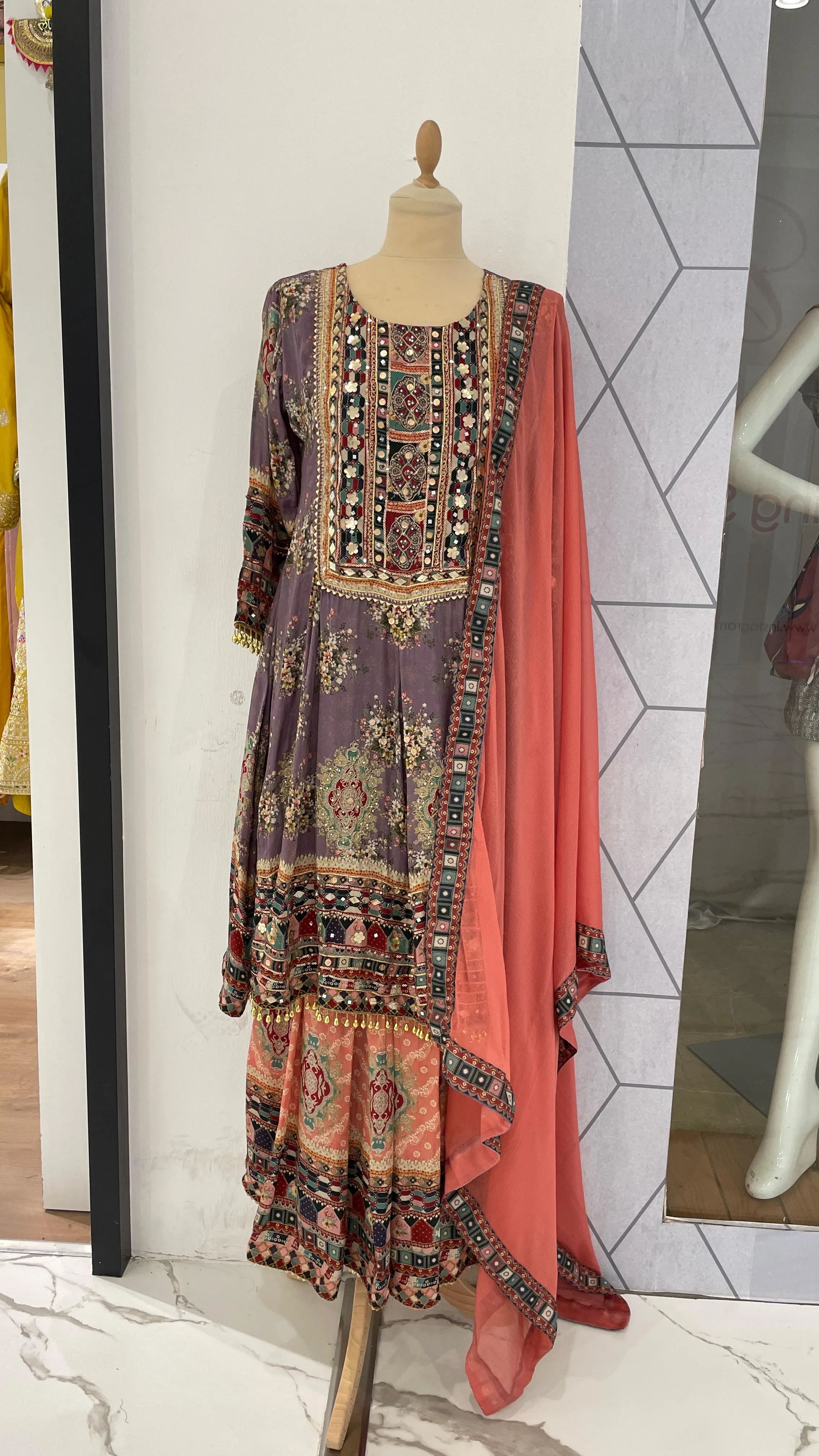Lavender and Blush Pink short Anarkali and Palazzo Suit (Ready to Wear)Sets