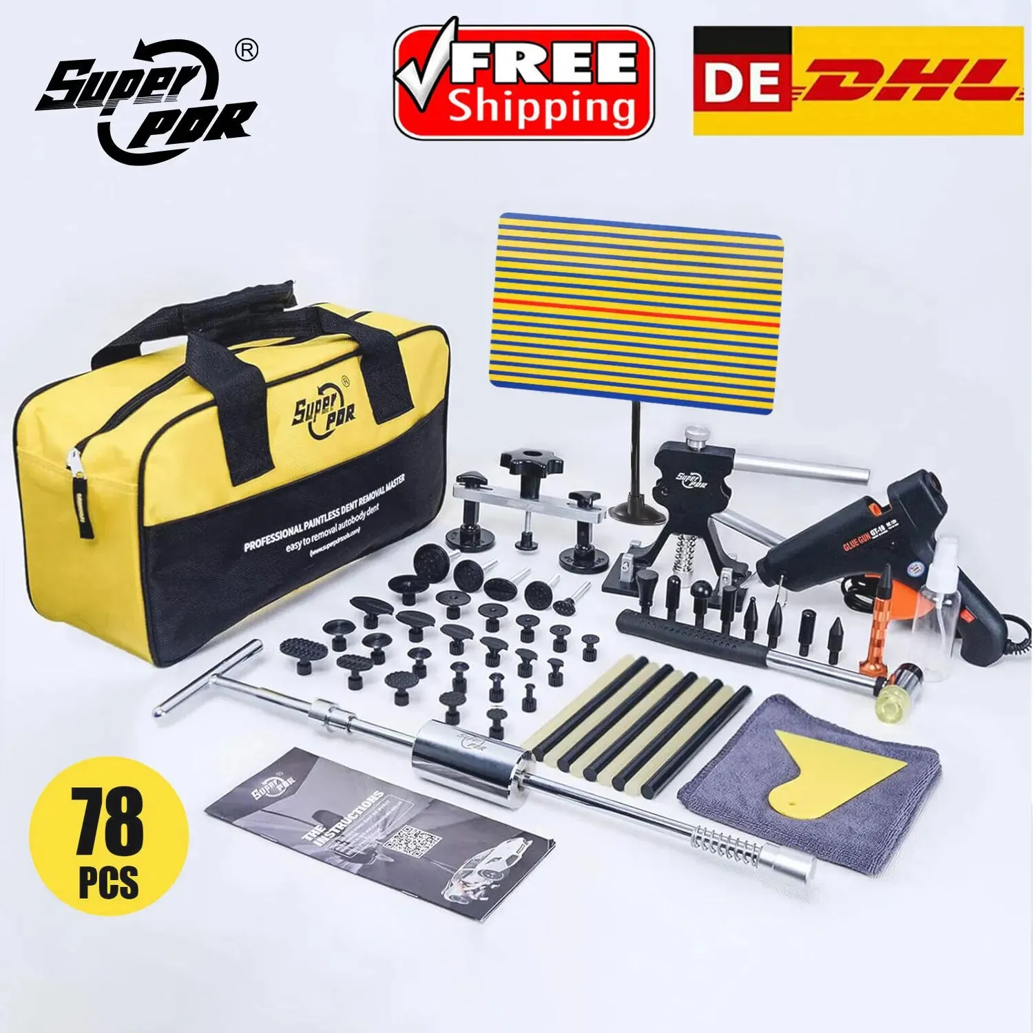 Professional PDR Car Dent Repair Kit with Glue Gun, Slide Hammer, and Bridge Tools