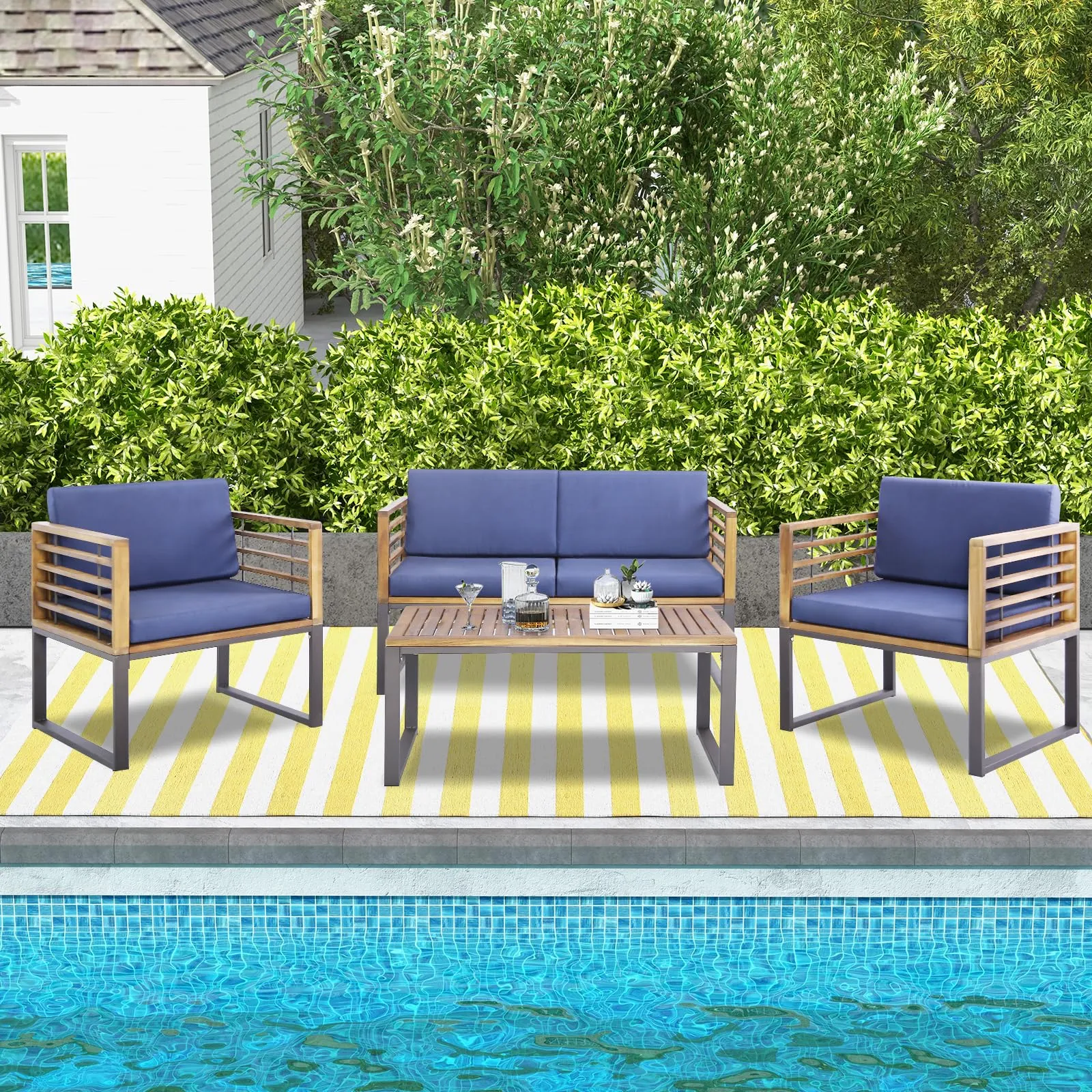 Tangkula 4 Piece Patio Chair Set, Acacia Wood Chair Set w/ 2 Chairs, 1 Loveseat & 1 Coffee Table