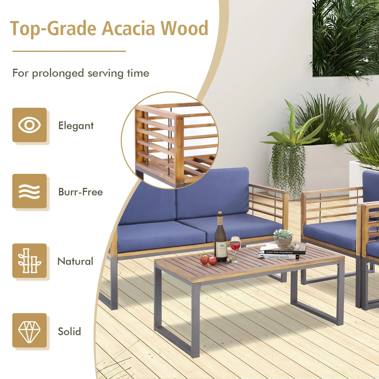 Tangkula 4 Piece Patio Chair Set, Acacia Wood Chair Set w/ 2 Chairs, 1 Loveseat & 1 Coffee Table