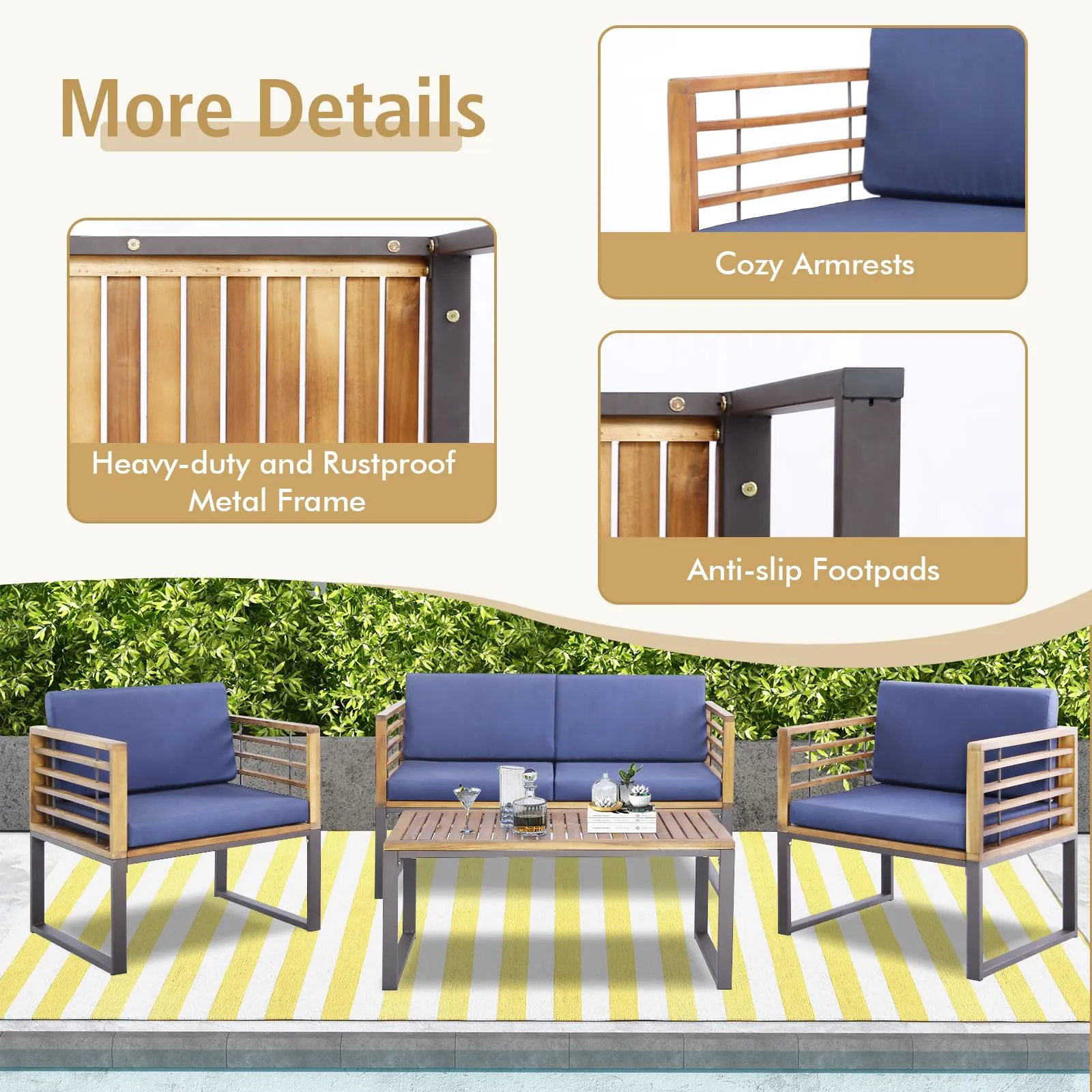 Tangkula 4 Piece Patio Chair Set, Acacia Wood Chair Set w/ 2 Chairs, 1 Loveseat & 1 Coffee Table