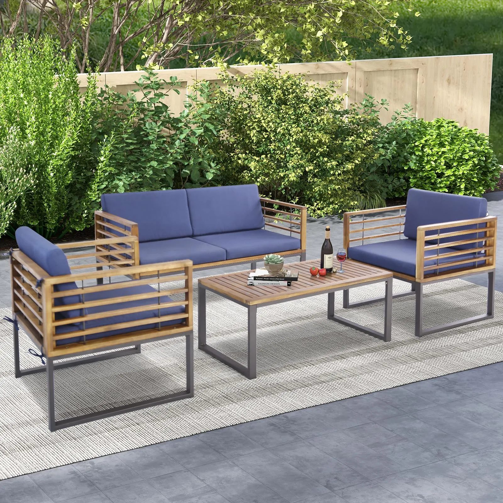 Tangkula 4 Piece Patio Chair Set, Acacia Wood Chair Set w/ 2 Chairs, 1 Loveseat & 1 Coffee Table