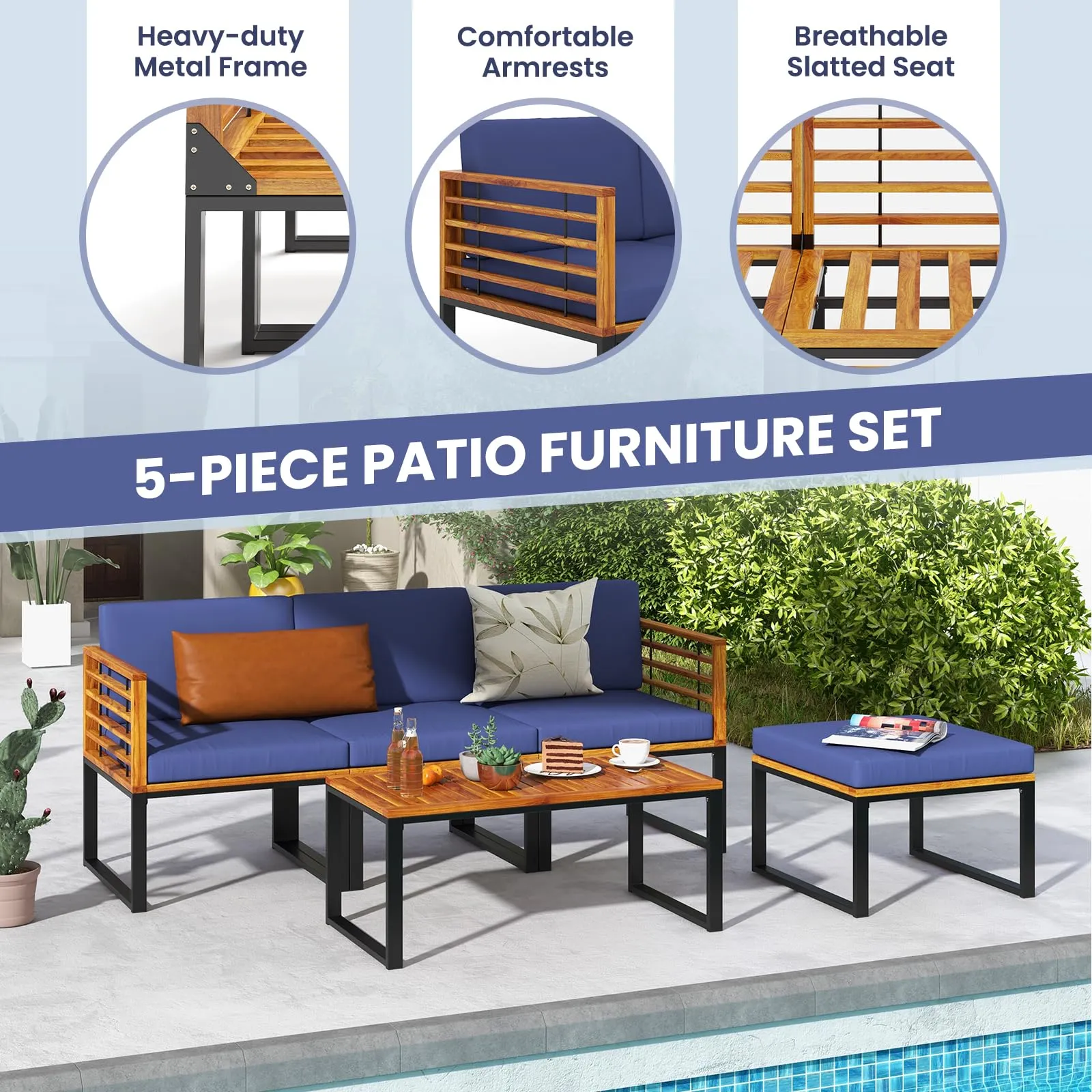 Tangkula 5 Pieces Patio Conversation Set, Acacia Wood Chair Set with Ottoman & Coffee Table