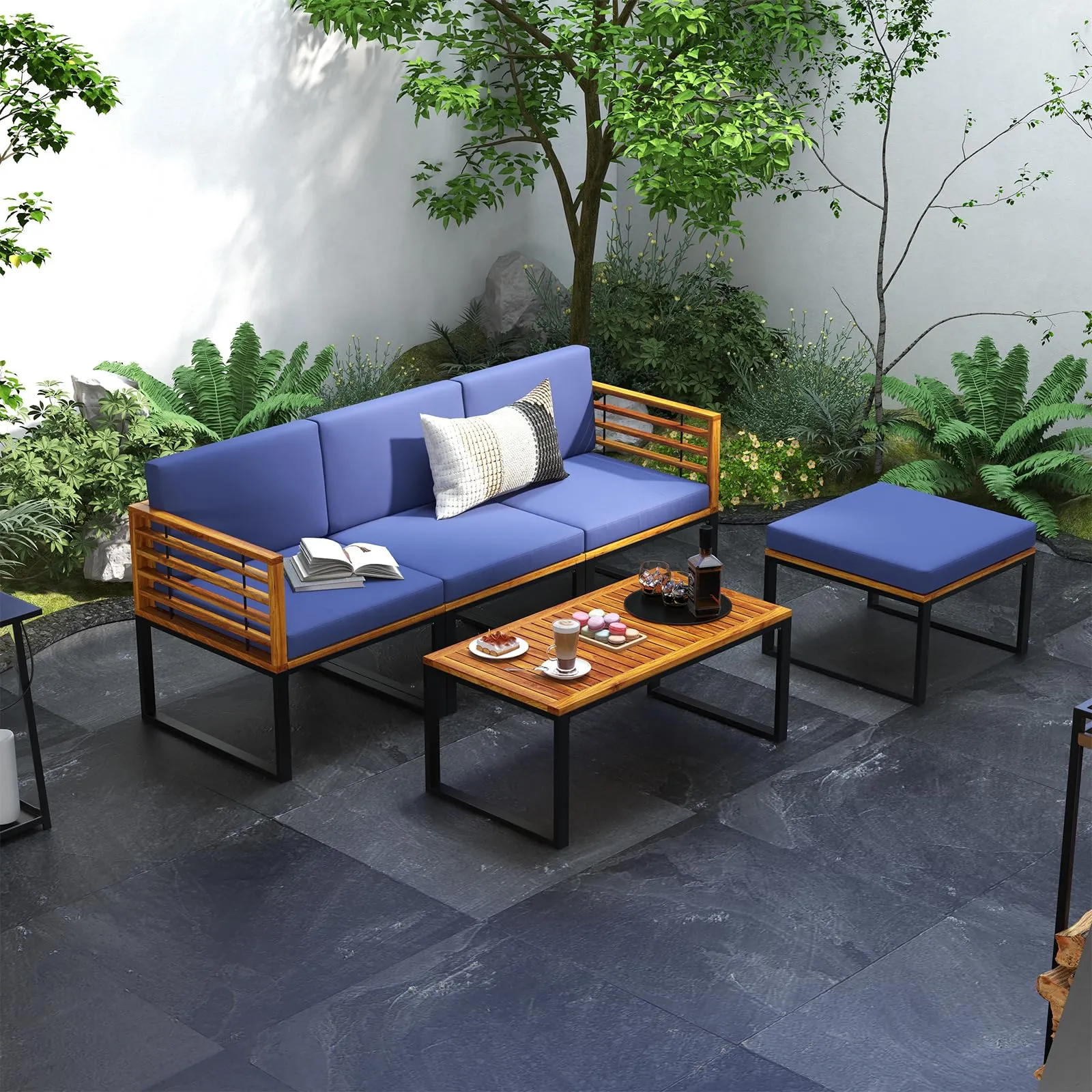 Tangkula 5 Pieces Patio Conversation Set, Acacia Wood Chair Set with Ottoman & Coffee Table