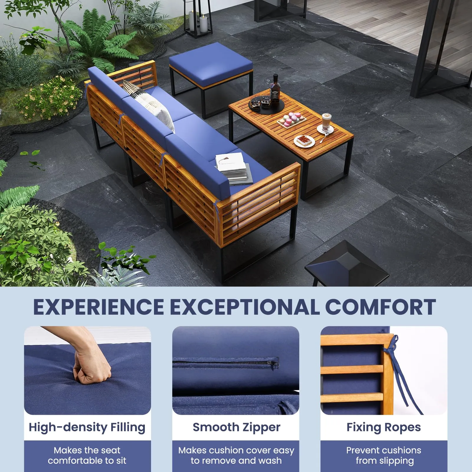 Tangkula 5 Pieces Patio Conversation Set, Acacia Wood Chair Set with Ottoman & Coffee Table