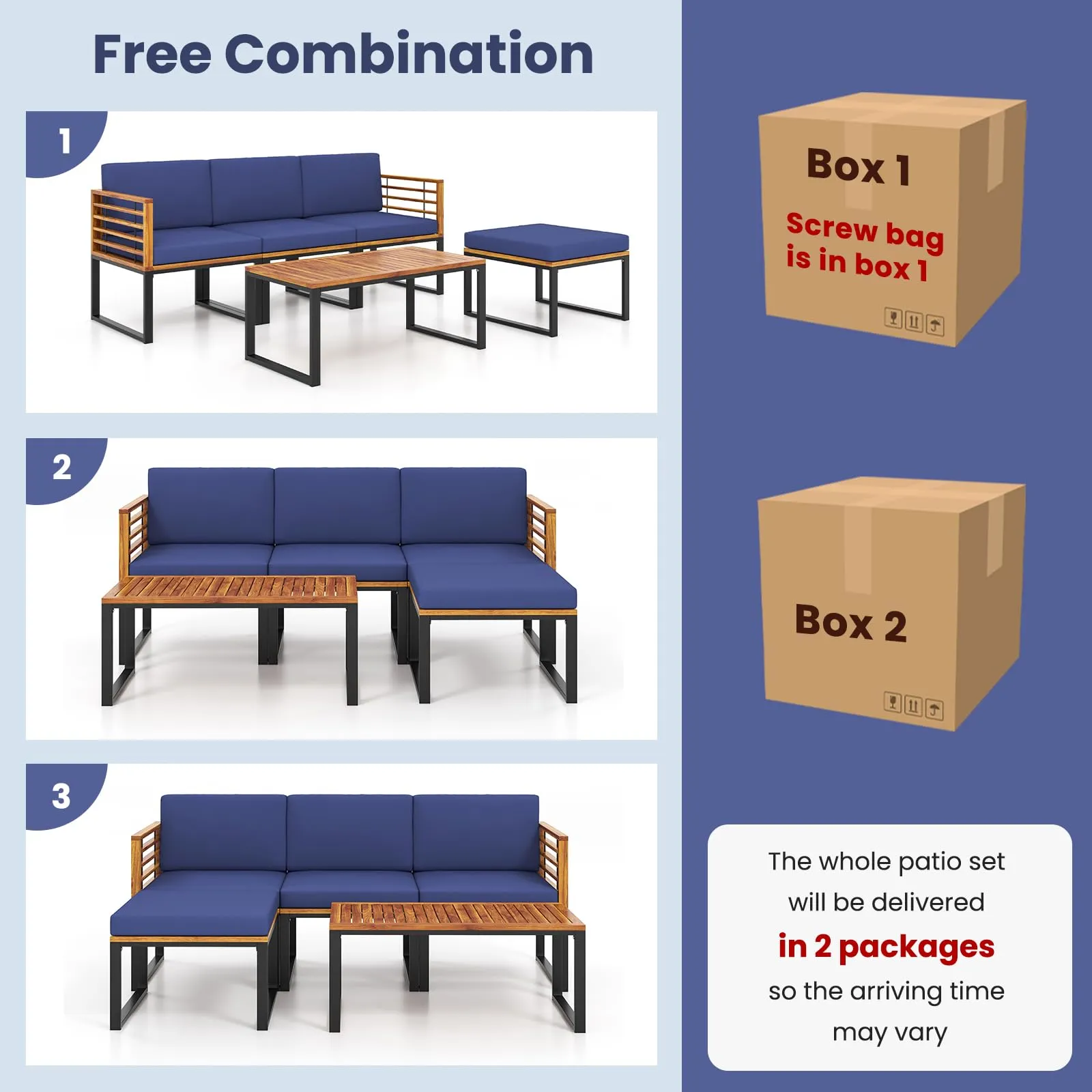 Tangkula 5 Pieces Patio Conversation Set, Acacia Wood Chair Set with Ottoman & Coffee Table