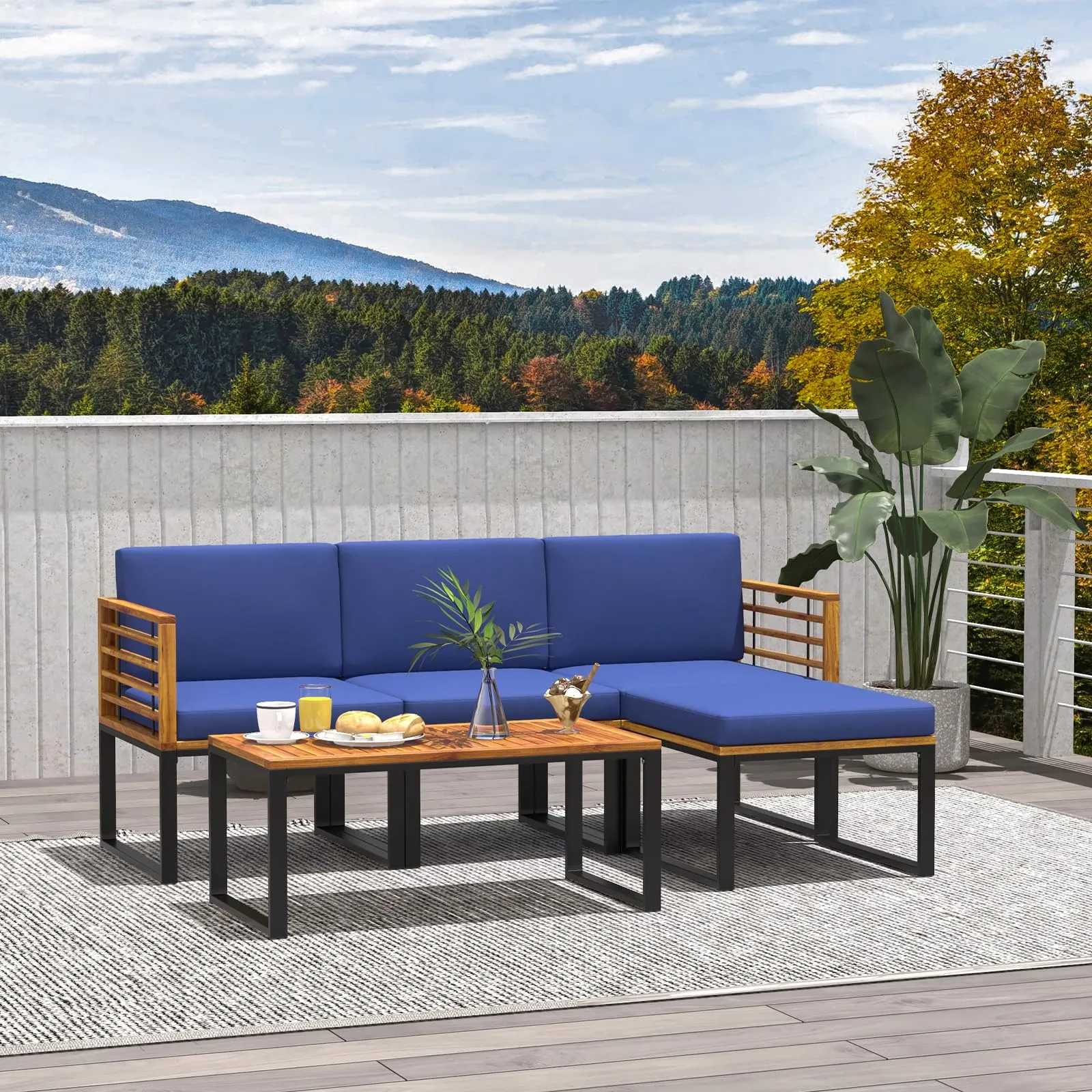 Tangkula 5 Pieces Patio Conversation Set, Acacia Wood Chair Set with Ottoman & Coffee Table